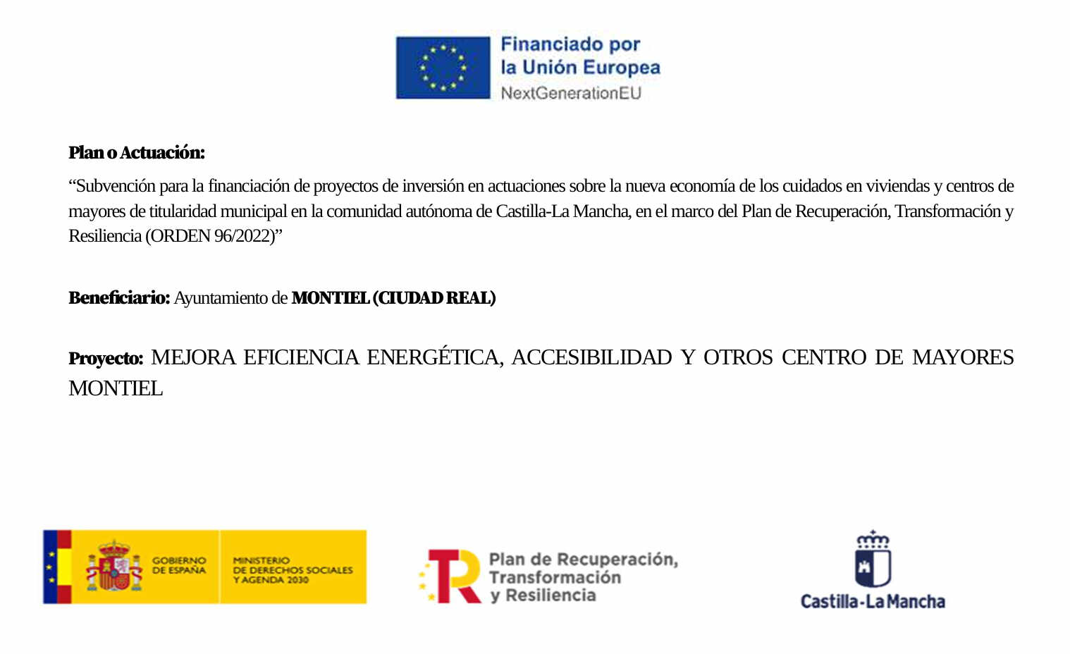 Subvención proyecto Mejora eficiencia energética, accesibilidad y otros Centro Mayores Montiel imagen cartel